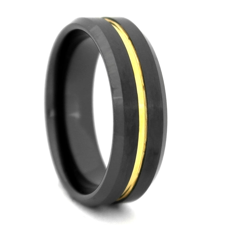 Black High-Tech Ceramic Band with Gold Color Plated Groove, Size 9.5 (91977)