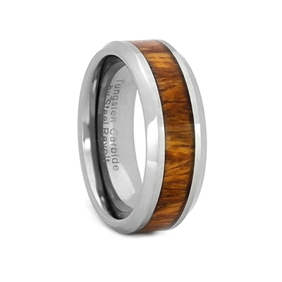 Comfort Fit 8mm Tungsten Carbide Wedding Ring With Exotic Koa Wood Inlay