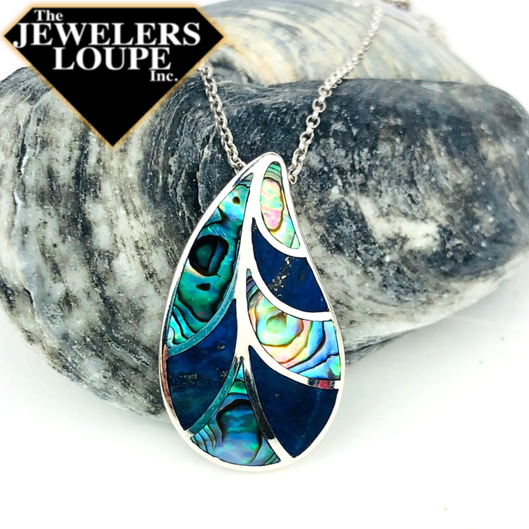 Sterling Silver Abalone and Lapis Large Leaf Pendant with Chain (91901)