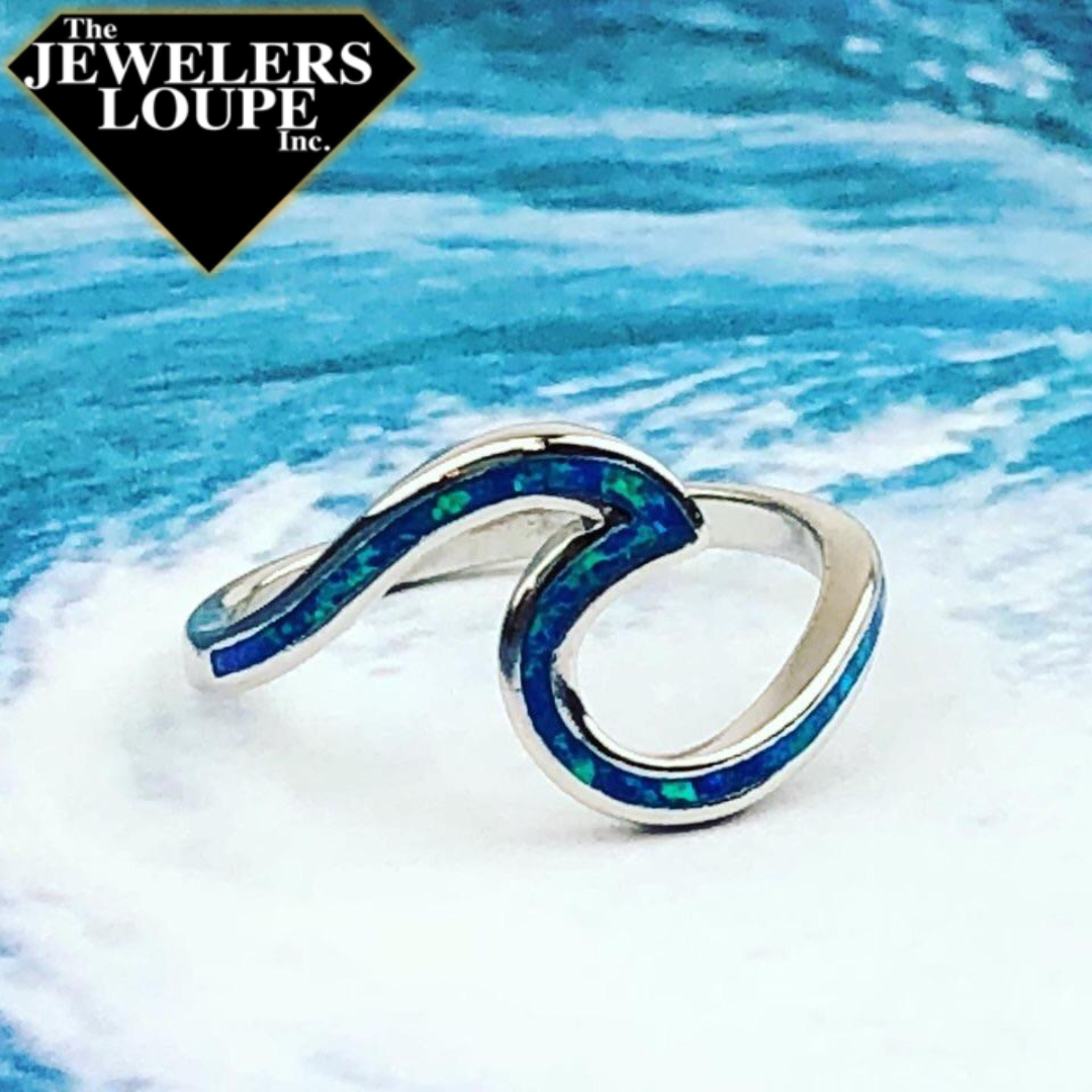Sterling Silver Blue Inlay Created Opal Wave Design Ring