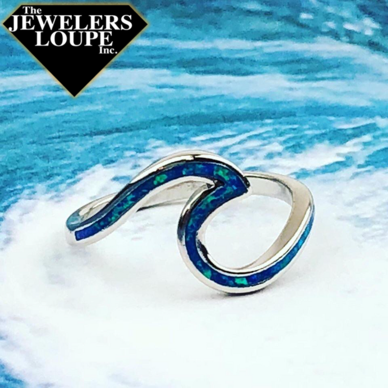 Sterling Silver Blue Inlay Created Opal Wave Design Ring, Size 6 (91971)