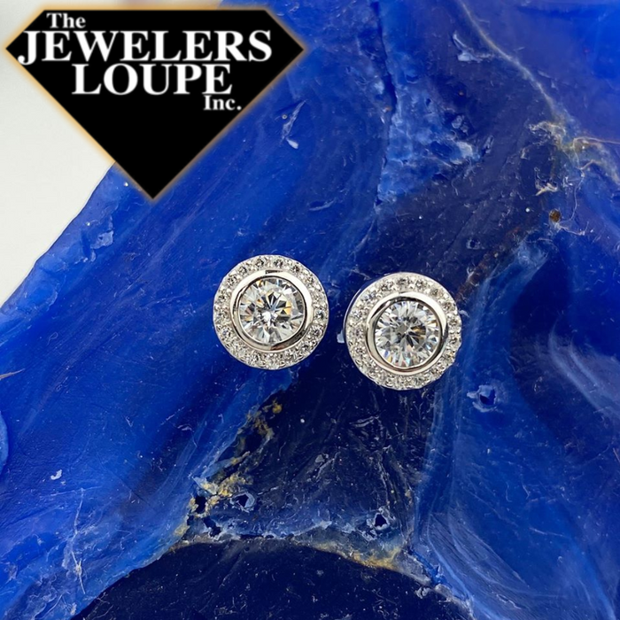Sterling Silver Small Round Cubic Zirconia Stud Halo Earrings.