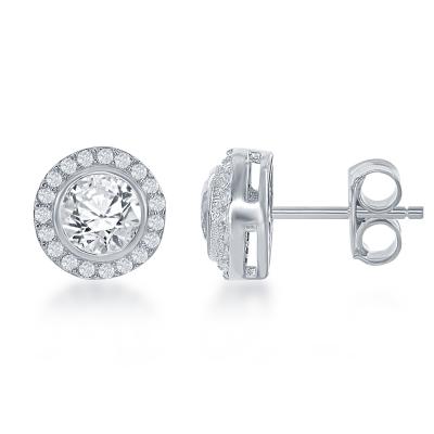 Sterling Silver Small Round Cubic Zirconia Stud Halo Earrings (92140)