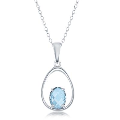 Sterling Silver Oval Blue Topaz Open Pear-Shaped Necklace (92154)