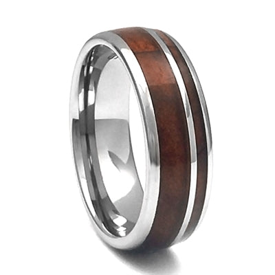 Comfort Fit Domed 8mm Tungsten Carbide Band With Whiskey Barrel Wood Inlay