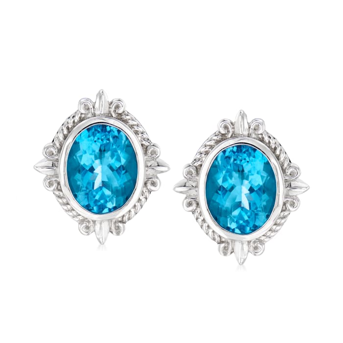 Andrea Candela Sterling Silver Blue Topaz Fleur de Lis Earrings with Omega Back.