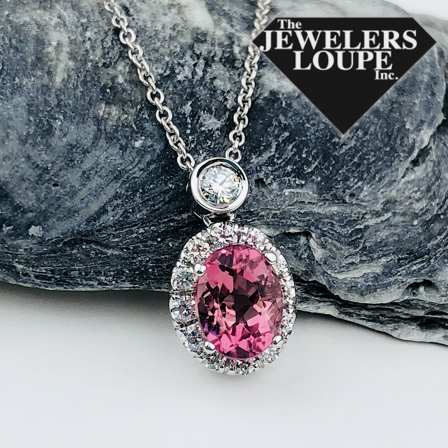 Pink Tourmaline & Diamond Halo Pendant Necklace 14K Yellow Gold