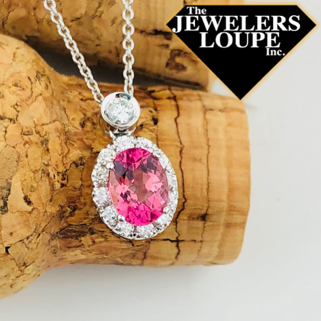 Pink Tourmaline & Diamond Halo Pendant Necklace 14K Yellow Gold