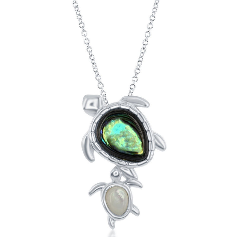 Sterling Silver Abalone Sea Turtle with Mother of Pearl Baby Turtle Necklace 