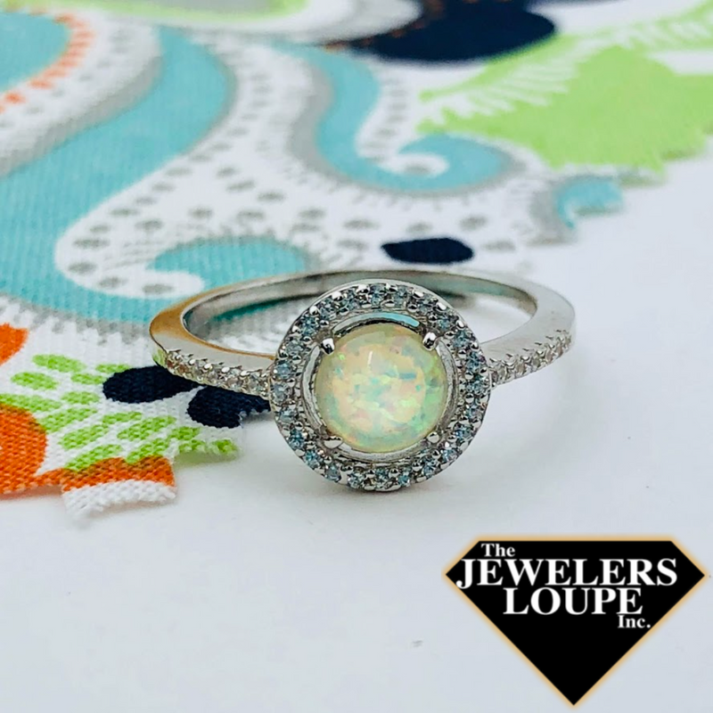 Sterling Silver Round Created White Opal with CZ Halo Ring
