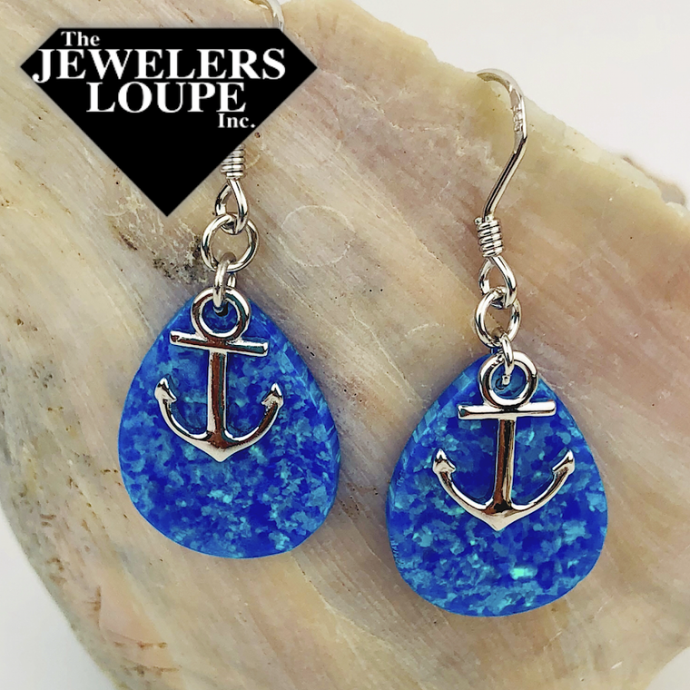 Sterling Silver Anchor and Created Opal Teardrop Earrings (93202)