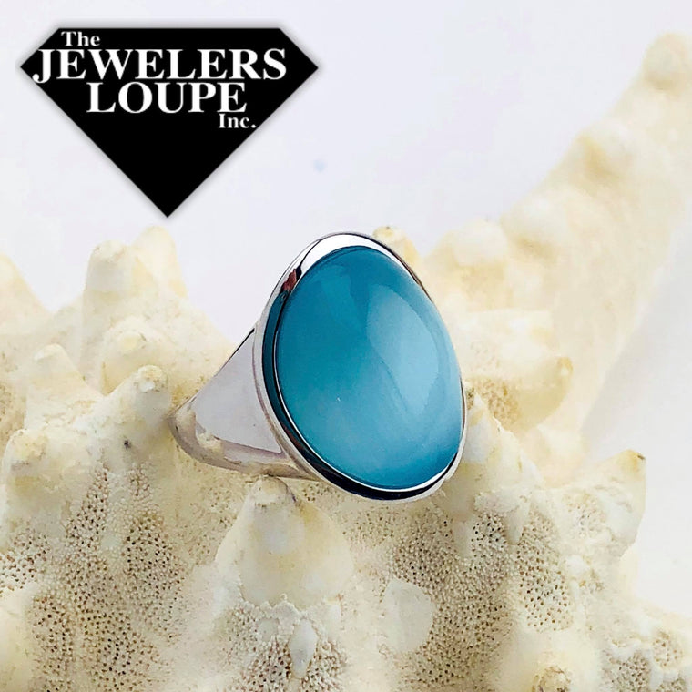 Sterling Silver Aqua Oval Cat’s Eye Ring, Size 7 (93208)
