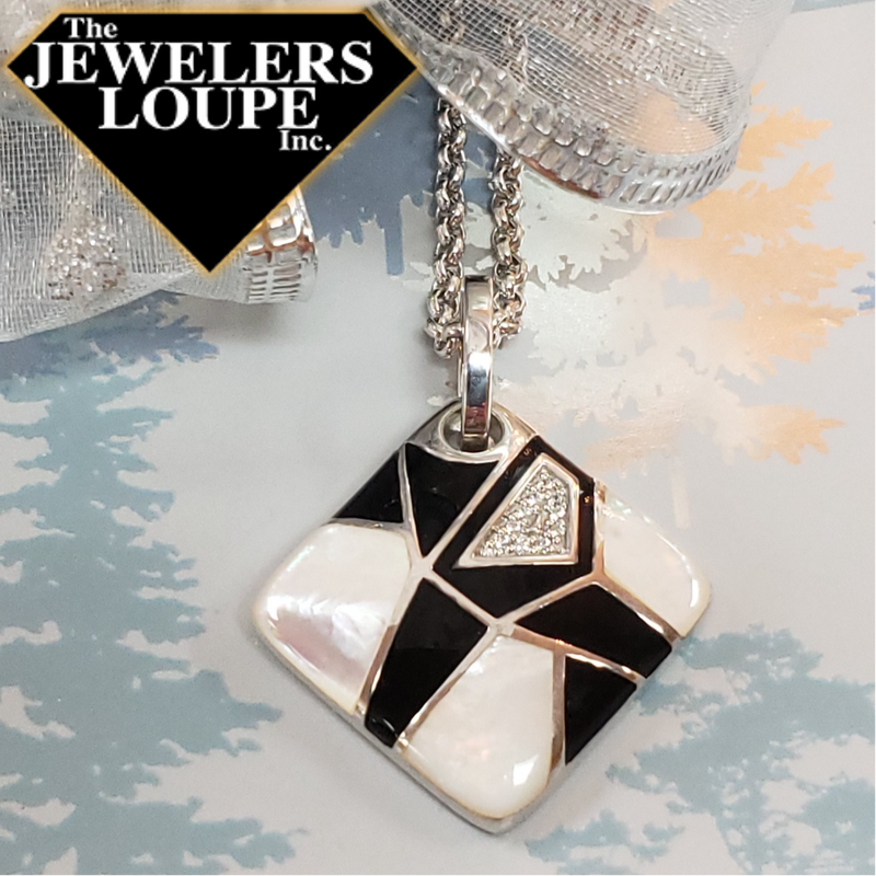 The Montage Collection by Belle Etoile showcases a marvelous mosaic of texture and dimension. Featuring hand-painted enamel and luxuriously lustrous mother-of-pearl, the Montage Collection is the perfect combination of contrast and elegance. White mother-of-pearl and hand-painted black Italian enamel with white stones set into rhodium-plated, nickel allergy-free, 925 sterling silver.