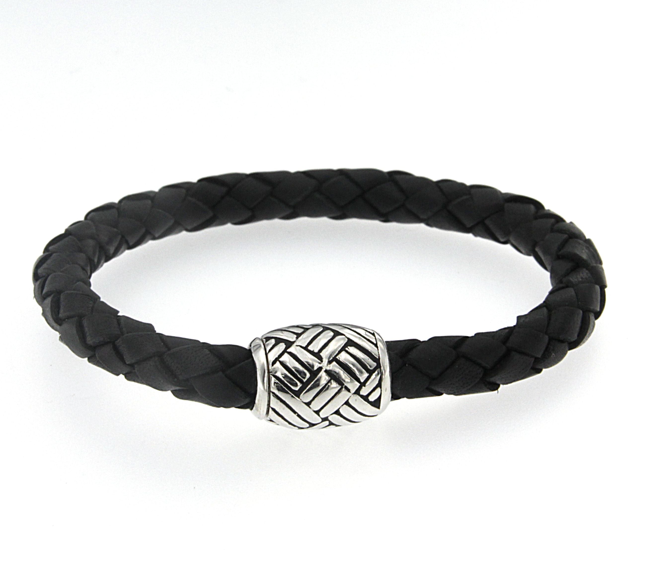 Samuel B. Sterling Silver Men's Black Leather Bracelet with