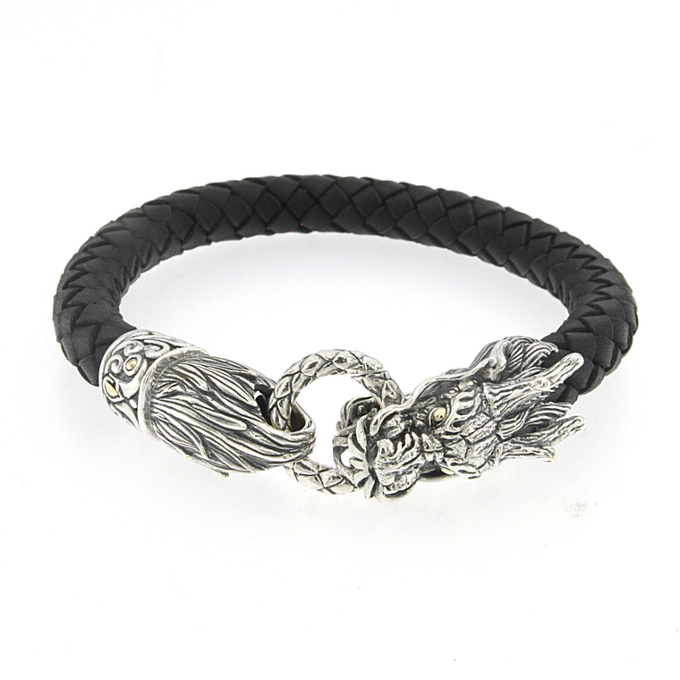 Samuel B. Sterling Silver and 18K Yellow Gold Dragon Black Leather Bracelet (93416)