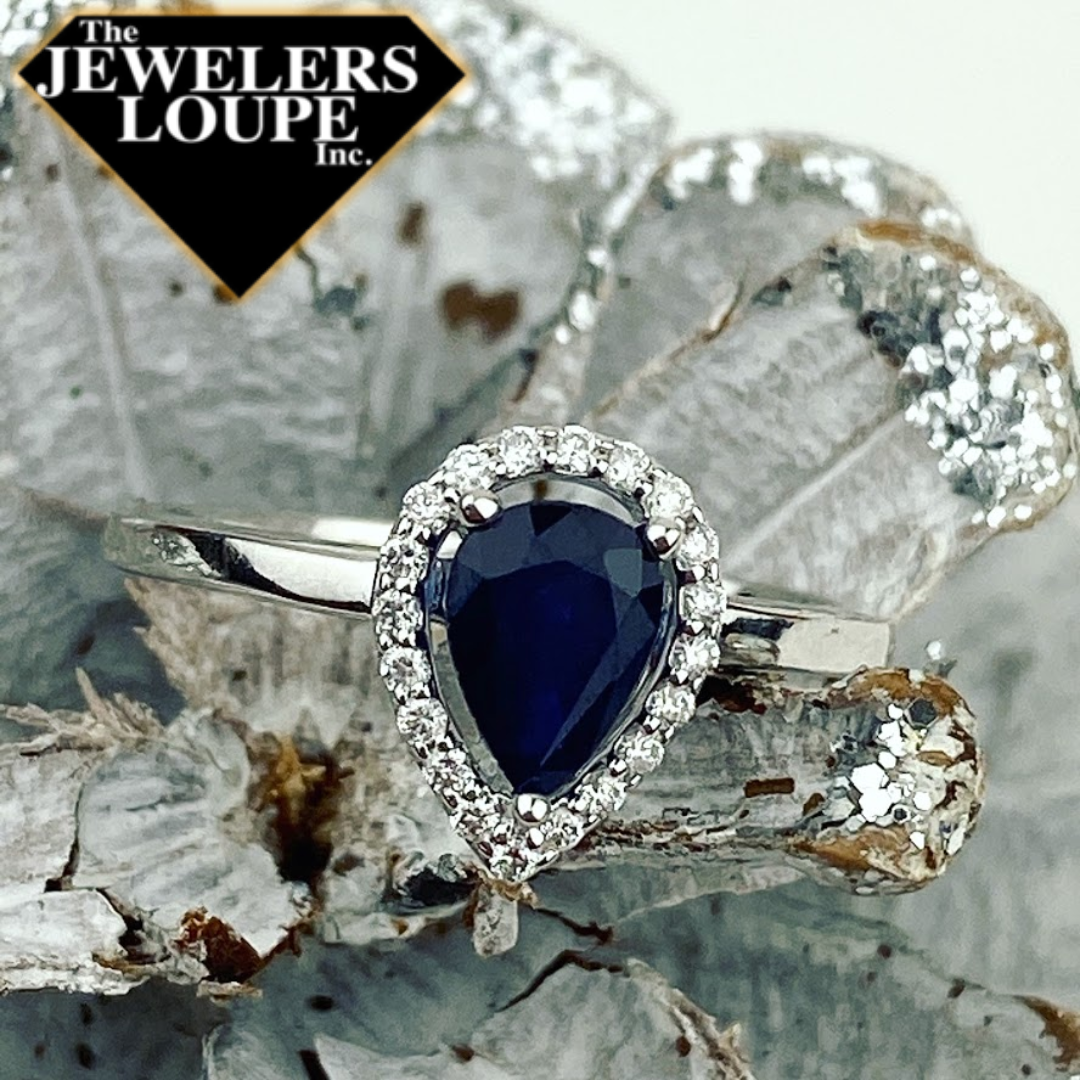 14K White Gold .12ctw Diamond and .88ctw Pear Shape Sapphire Halo Ring 