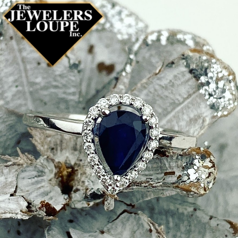14K White Gold .12ctw Diamond and .88ctw Pear Shape Sapphire Halo Ring (93441)
