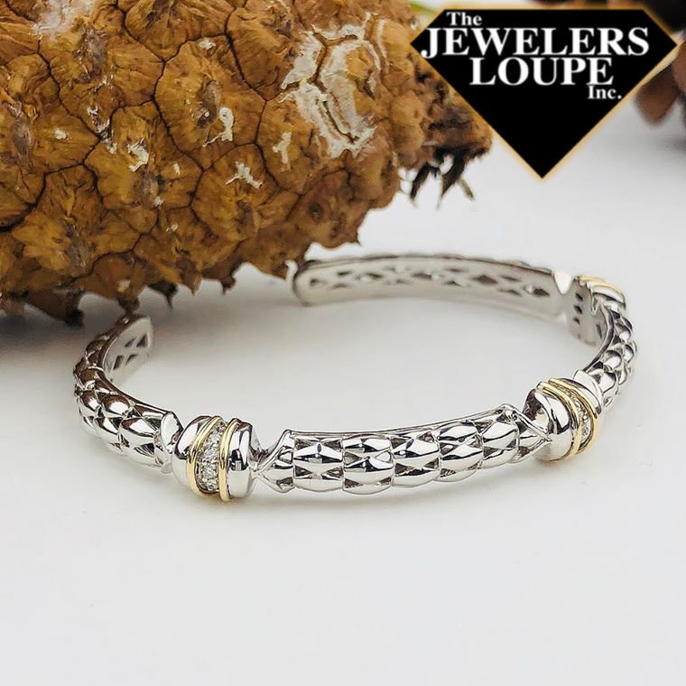 PiyaRo Diamond, Sterling Silver and 14K Yellow Gold Hinged Cuff Bracelet (93591)