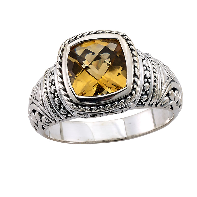 Samuel B. Sterling Silver Balinese Design Cushion Cut Amethyst Honesty Ring, Size 7. Our Sterling Silver cushion cut amethyst ring, handcrafted in Bali by our skilled artisans. From our signature collection, Royal Bali™ featuring designs handcrafted using sterling silver and genuine gemstones. The February birthstone, Amethyst, is said to strengthen relationships and give its wearer courage. At one time, only royalty could wear the gem.