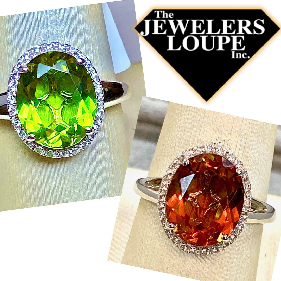This unique ring is set with a lab created stone unlike any other. The oval center stone changes color based on the type of light it is exposed to. It will be a vibrant green, deep pink or caramel color. Natural materials are crushed into a microscopic powder, combined and then regrown to create Lusterine. It is set in Sterling Silver with white topaz halo with a plain shank. Size 7.