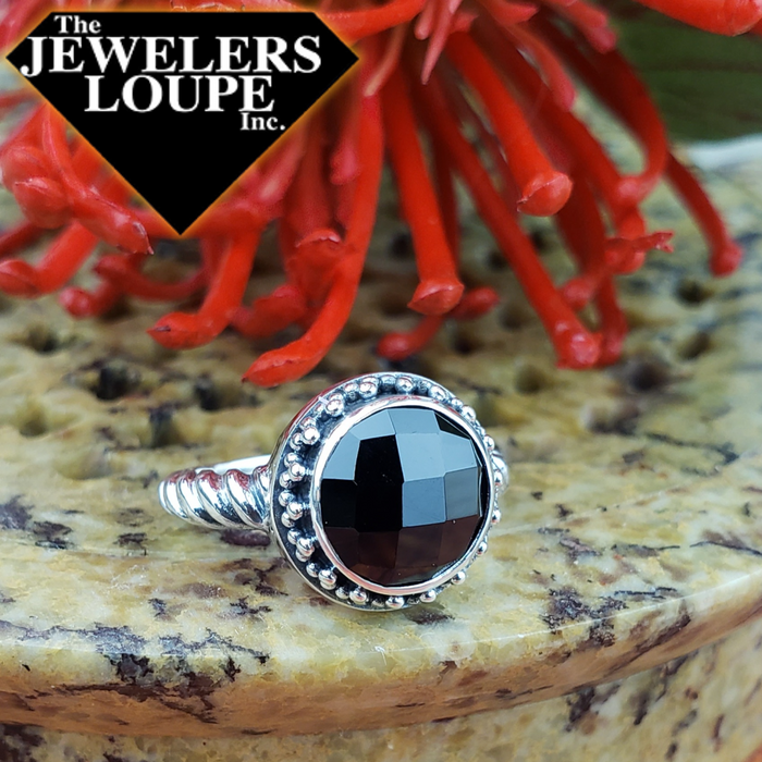 Samuel B. Sterling Silver Ring with 10MM Round Checkerboard Cut Onyx Stone and Twisted Rope Design Band, Size 7.