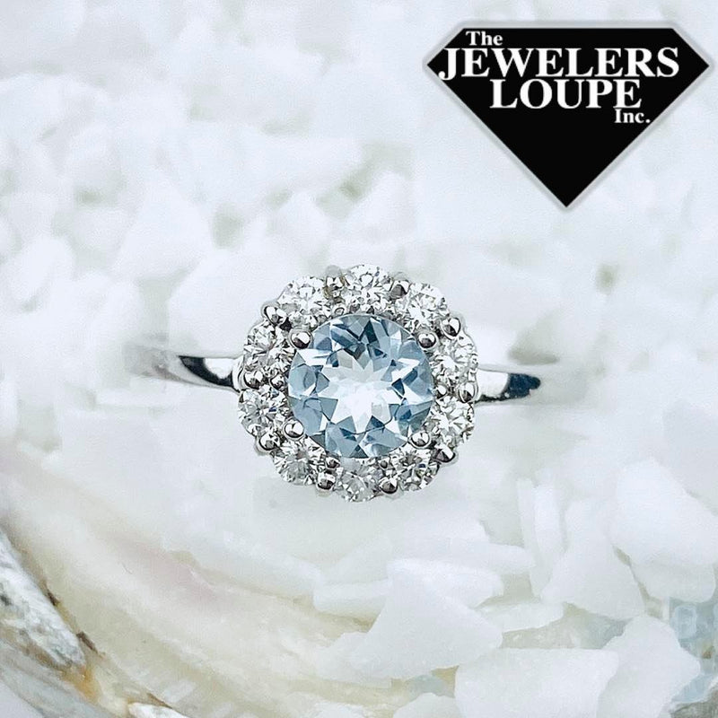 14K White Gold .30ctw Diamond and .55ctw Aquamarine Halo Ring 