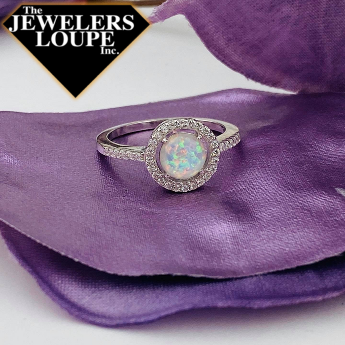 Sterling Silver Round Created White Opal with CZ Halo Ring