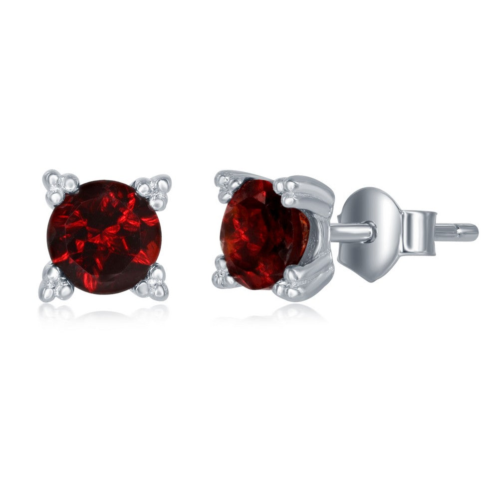 Sterling Silver 5MM Round Garnet Stud Earrings.