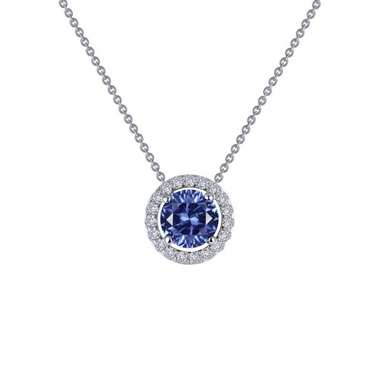 Timeless elegance. This halo necklace features Lafonn's signature Lassaire simulated diamonds surrounding a .62ctw round simulated tanzanite in sterling silver bonded with platinum.