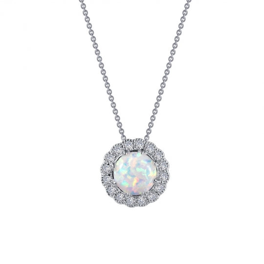 Simple yet elegant. This halo pendant features a simulated opal center stone, surrounded by Lafonn's signature Lassaire simulated diamonds, in sterling silver bonded with platinum. The pendant comes on an adjustable 18" chain.