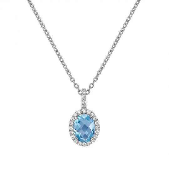 The classic look of Lafonn's Aria pendant adds elegance to any ensemble. The pendant is set with a genuine oval checkerboard-cut blue topaz surrounded by Lafonn's signature Lassaire simulated diamonds in sterling silver bonded with platinum. The pendant comes on an adjustable 18" chain.