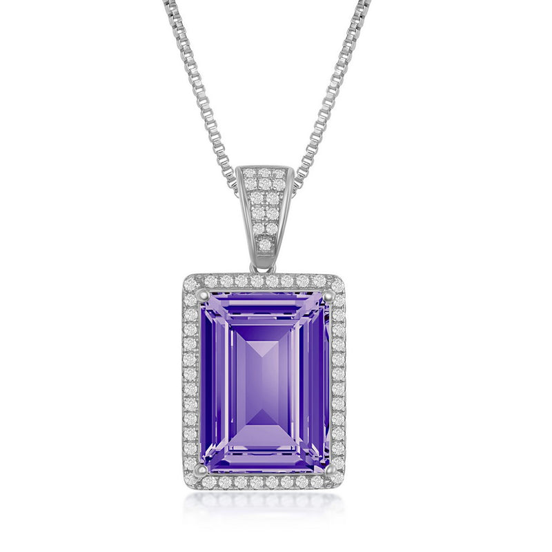 	 Sterling Silver CZ and 14x10mm Rectangular Step-Cut Tanzanite Swarovski Element Halo Necklace