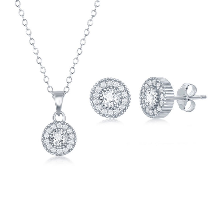 Sterling Silver CZ Halo Necklace and Earrings Set (94882)