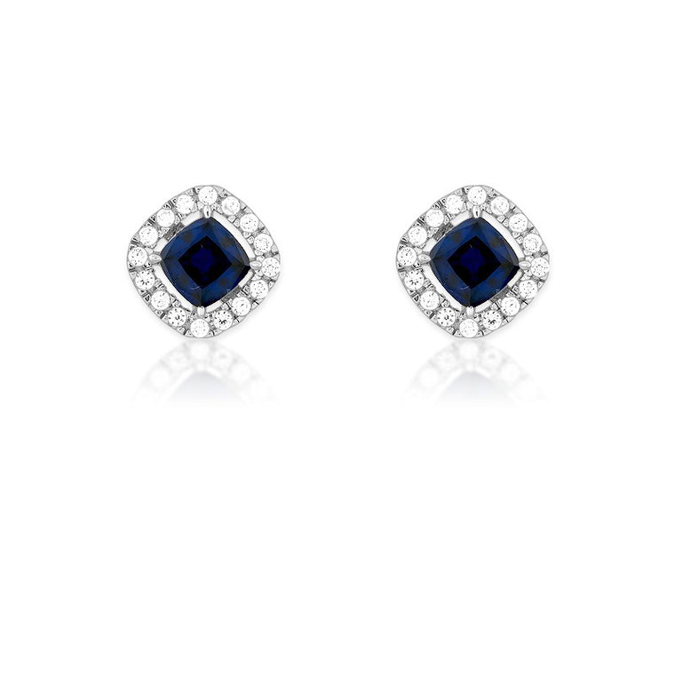 Sterling Silver Genuine Sapphire Corundum and White CZ Micro Pave Square Stud Earrings (94883)