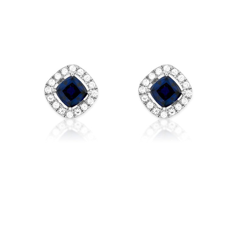 Sterling Silver Genuine Sapphire Corundum and White CZ Micro Pave Square Stud Earrings