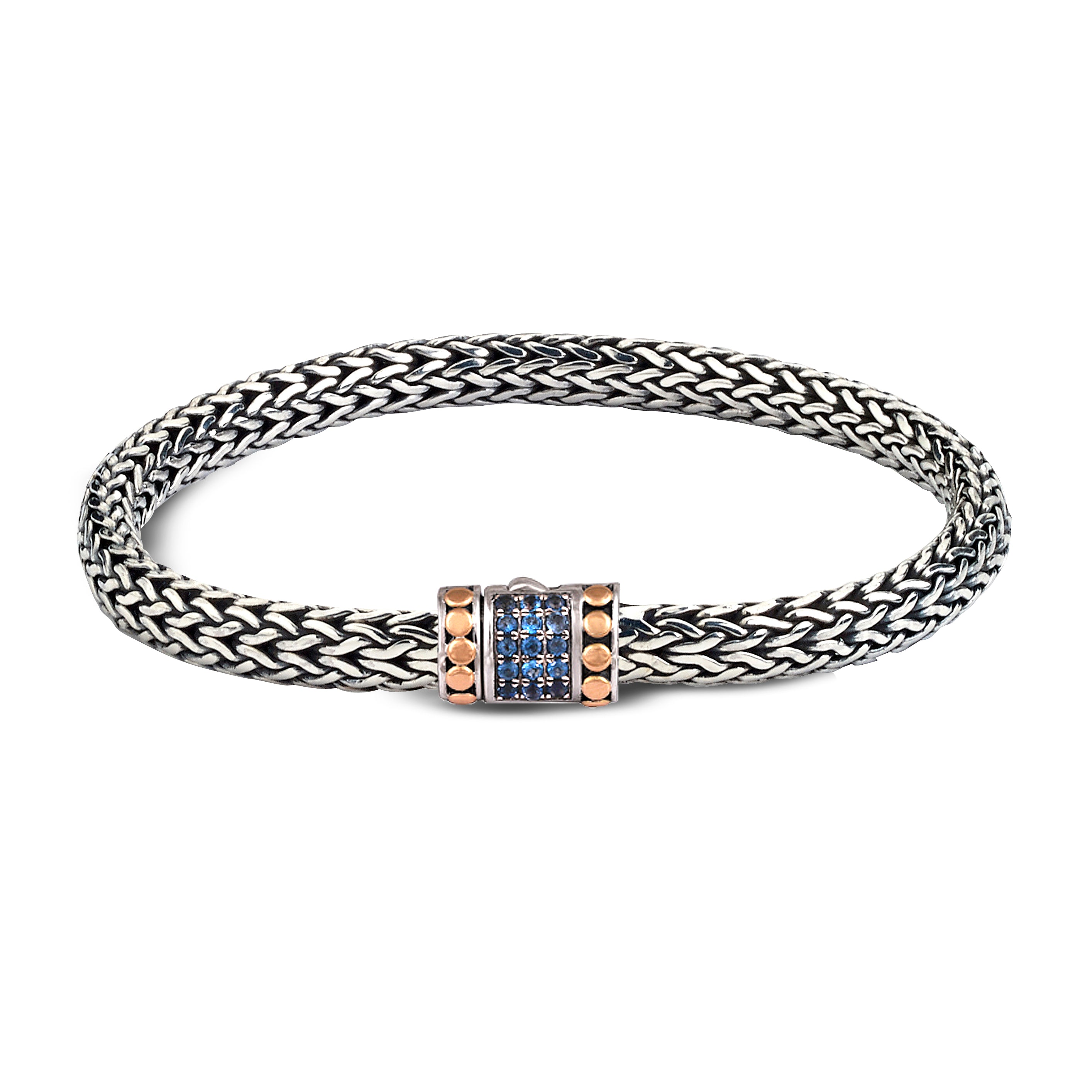 Samuel B. Sterling Silver and 18K Yellow Gold Accented Woven Tulang Naga Frap Bracelet with Blue Topaz, 7". Our Sterling Silver 18k solid Gold blue topaz pave bracelet, handcrafted in Bali by our skilled artisans. From our signature collection, Royal Bali™ featuring designs handcrafted using sterling silver, solid 18k gold accents and genuine gemstones. 