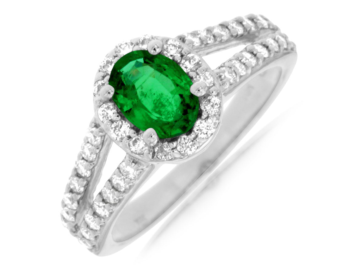 14K White Gold .65ctw Diamond and .80ctw Emerald Halo Ring