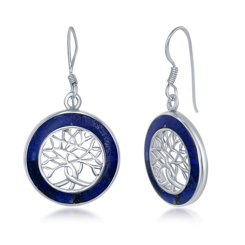 Sterling Silver Small Round Lapis Tree of Life Earrings (95057)