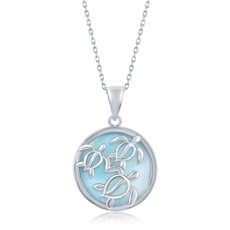 Sterling Silver Round Larimar with Three Turtles Necklace (95063)