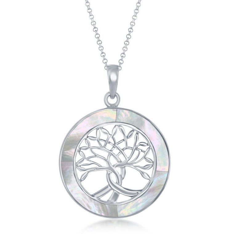 Sterling Silver Round White Mother of Pearl Tree of Life Pendant (95064)
