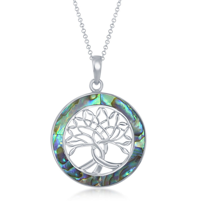 Sterling Silver Round Abalone Tree of Life Pendant (95065)
