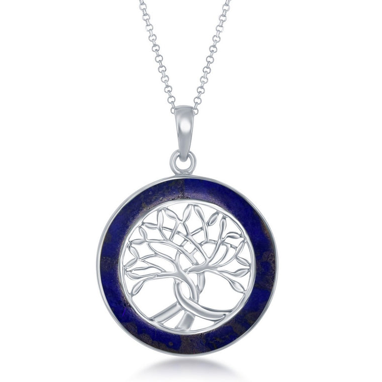 Sterling Silver Round Lapis Tree of Life Pendant (95066)