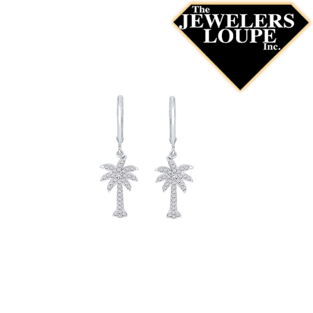 14K White Gold .21ctw Diamond Palmetto Tree Leverback Earrings 
