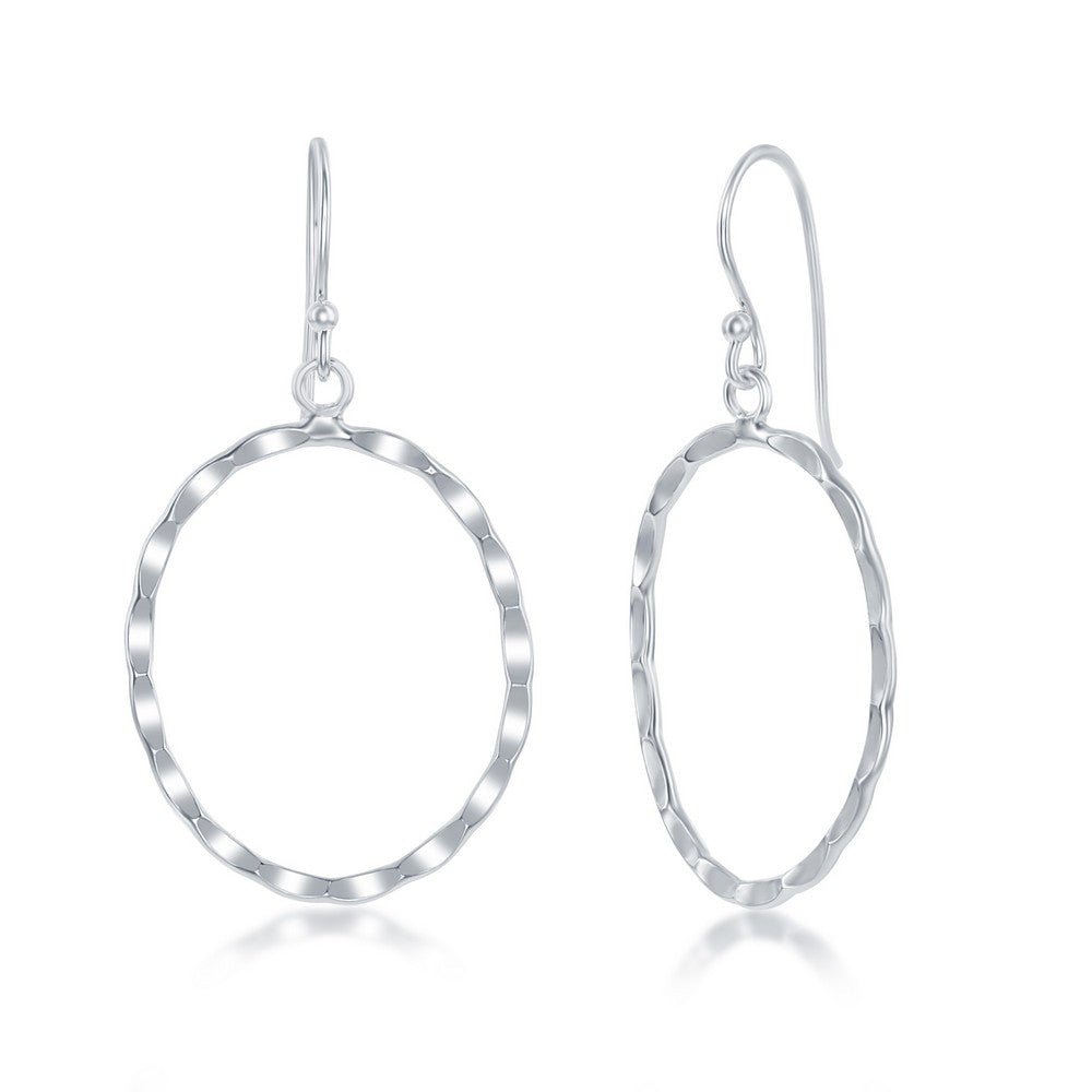 Sterling Silver Hammered Open Oval Loop Earrings on Fish Hooks