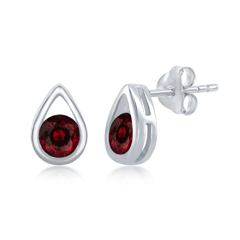 Sterling Silver Open Pearshaped with Round Garnet Stud Earrings.