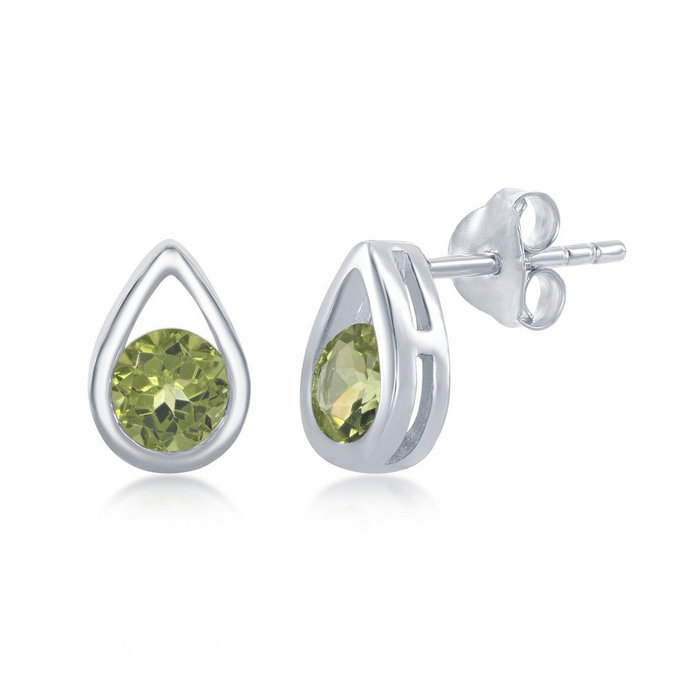  Sterling Silver Open Pearshaped with Round Peridot Stud Earrings.