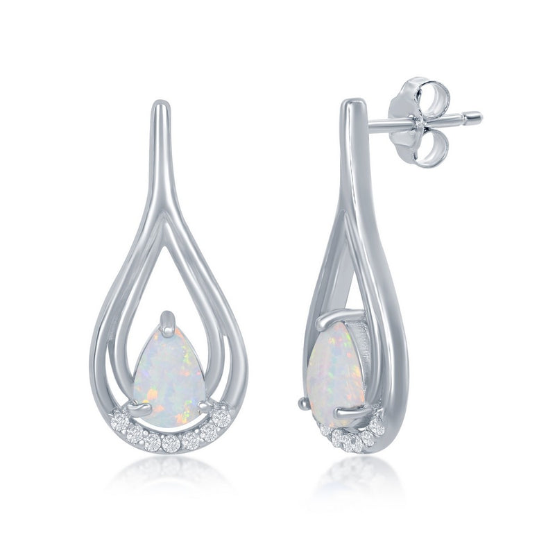 Sterling Silver Earrings with Pear Shaped Created White Opal and CZ Accents.