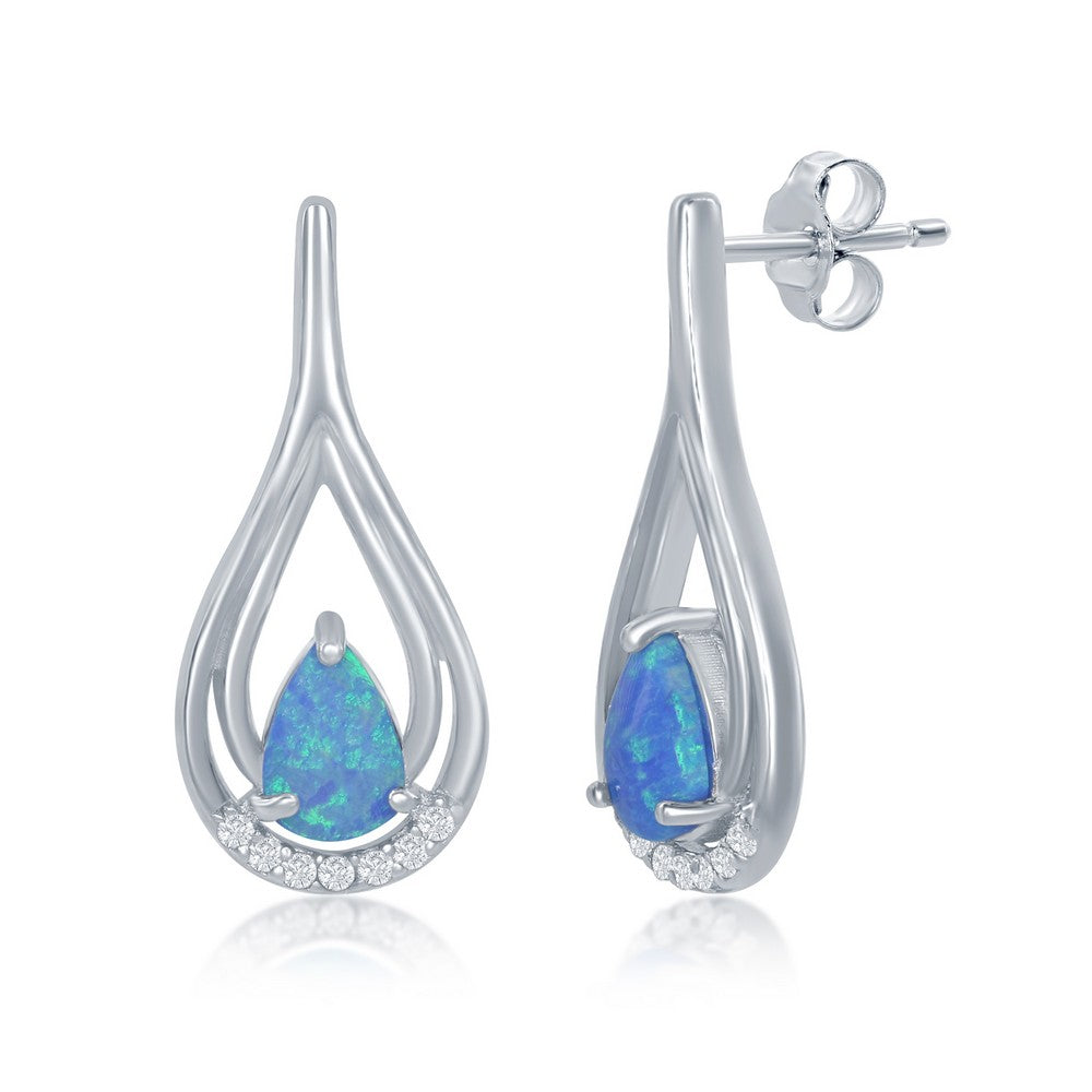 Sterling Silver Created Blue Opal with CZ Earrings (95234)