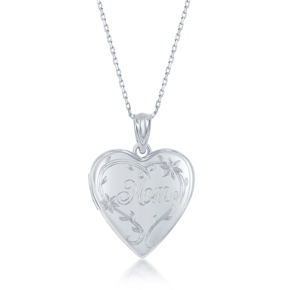 Sterling Silver Heart Shaped Locket engraved with "Mom" and  floral design, comes with 18" Sterling Silver Chain.
