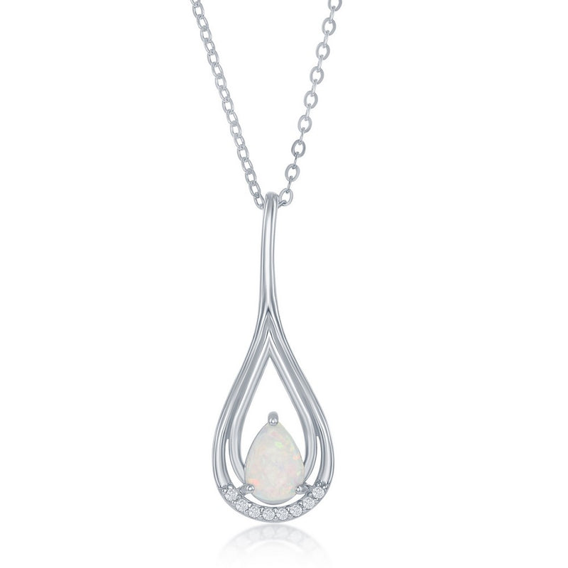Sterling Silver Pear Shaped Created White Opal with Cubic Zirconia Accents Pendant on 18" Sterling Silver Chain.